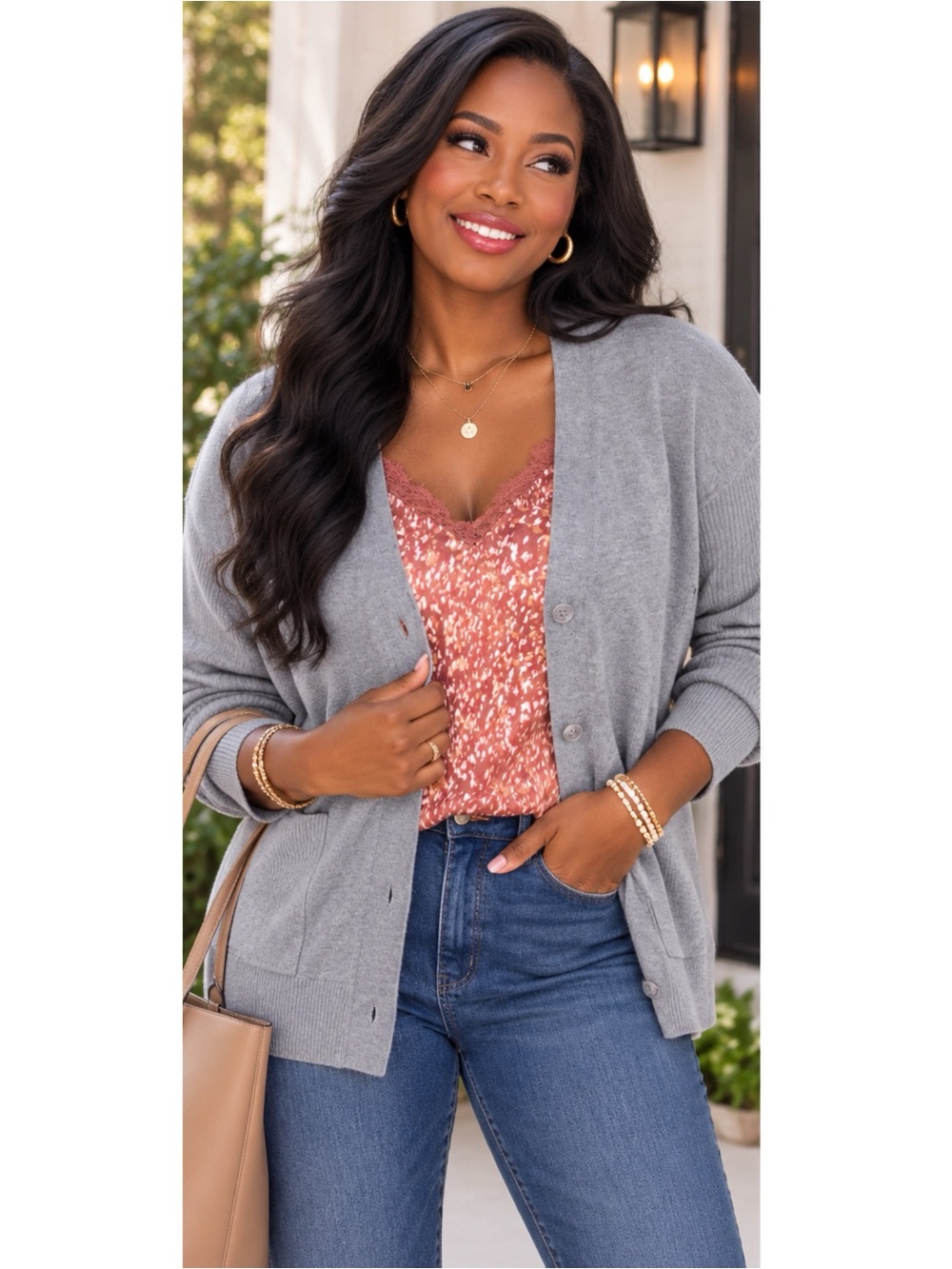 BOBEAU Stitch Fix Button Front Cardi Pocketed Preppy Sweater Womens Sz 1X Gray